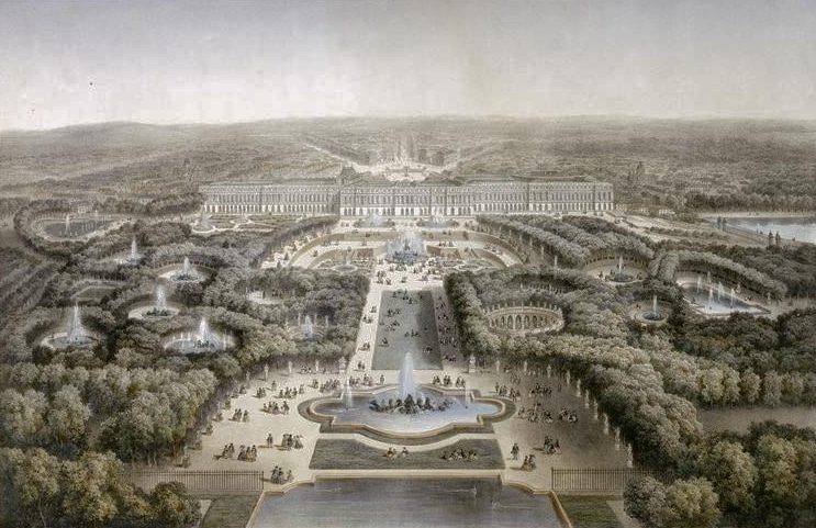 Gravering av hagene i Versailles